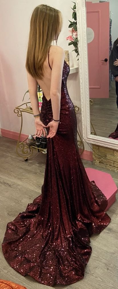 Stunning Mermaid Spaghetti Straps Burgundy Sequin Slit Long Prom Dress, Party Dress, Evening Dress GG2453