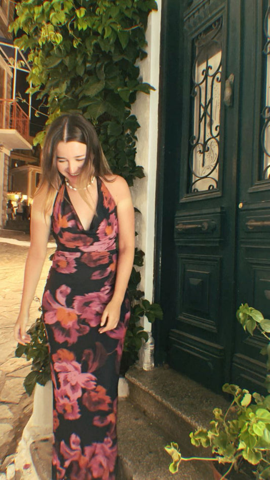 Unique Mermaid Halter Chiffon Flowers Printing Long Prom Dress, Party Dress, Evening Dress GG2454