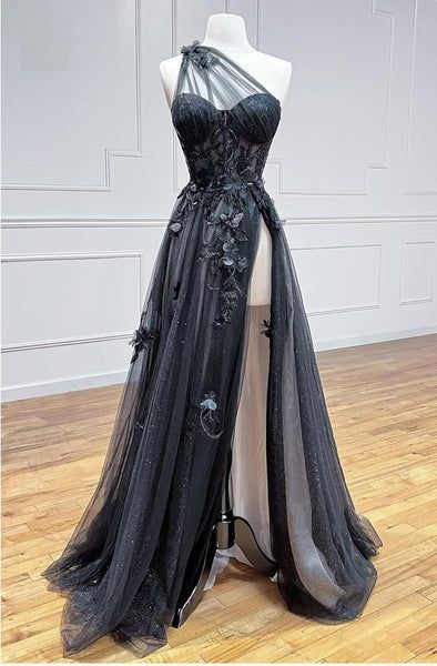 Elegant A Line One Shoulder Black Tulle Applique Long Prom Dress, Party Dress, Evening Dress GG2457
