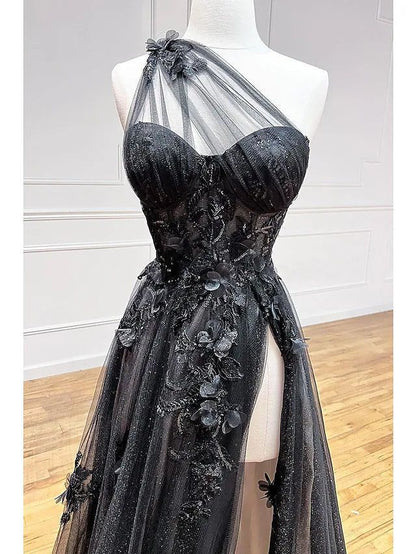 Elegant A Line One Shoulder Black Tulle Applique Long Prom Dress, Party Dress, Evening Dress GG2457