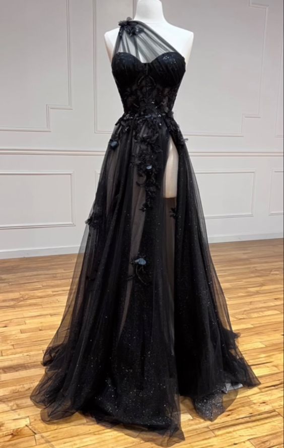Elegant A Line One Shoulder Black Tulle Applique Long Prom Dress, Party Dress, Evening Dress GG2457