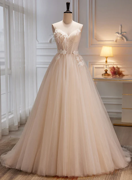 Elegant A Line Spaghetti Straps Lvory Tulle with Flowers  Long Prom Dress,Evening Dress  GG246