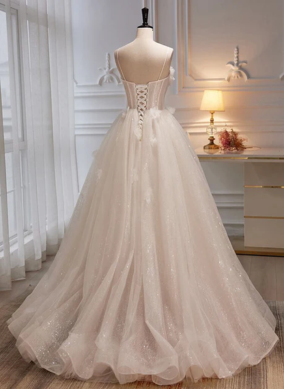 Elegant A Line Spaghetti Straps Sweetheart Lvory Tulle With Flowers Long Prom Dress, Evening Dress  GG247