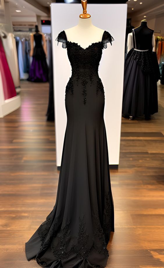Classy Mermaid Sweetheart Black Satin Applique Long Prom Dress, Party Dress, Evening Dress GG2480