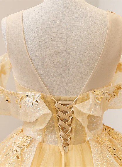 Exquisite A Line Light Yellow Tulle With Beadings And Lace Long Prom Dress, Evening Dress  GG248