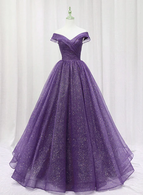 Elegant A Line Off The Shoulder Purple Tulle Sweetheart Long Prom Dress, Evening Dress GG249