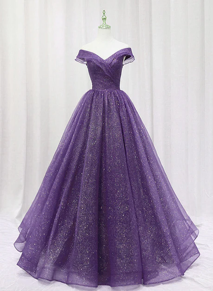 Elegant A Line Off The Shoulder Purple Tulle Sweetheart Long Prom Dress, Evening Dress GG249