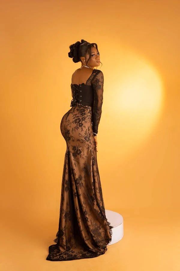 Unique Mermaid Satin Lace Applique With Long Sleeves Long Prom Dress, Party Dress, Evening Dress GG2500