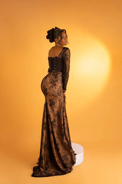 Unique Mermaid Satin Lace Applique With Long Sleeves Long Prom Dress, Party Dress, Evening Dress GG2500