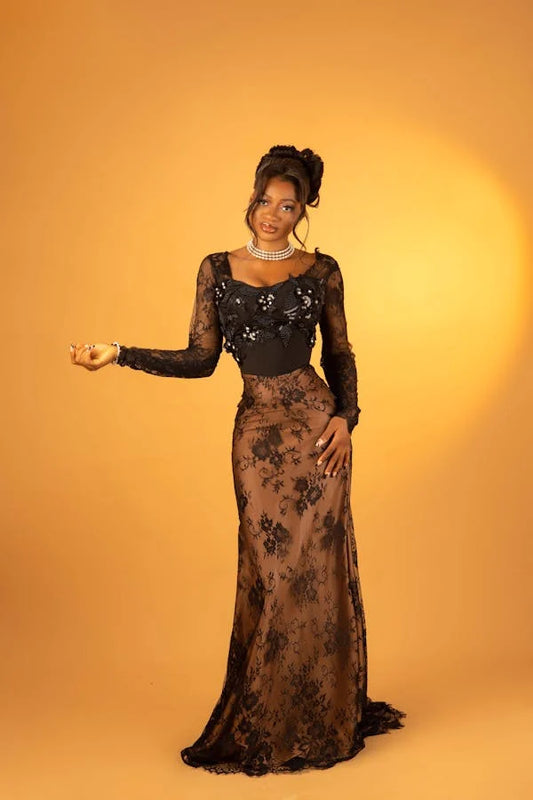 Unique Mermaid Satin Lace Applique With Long Sleeves Long Prom Dress, Party Dress, Evening Dress GG2500