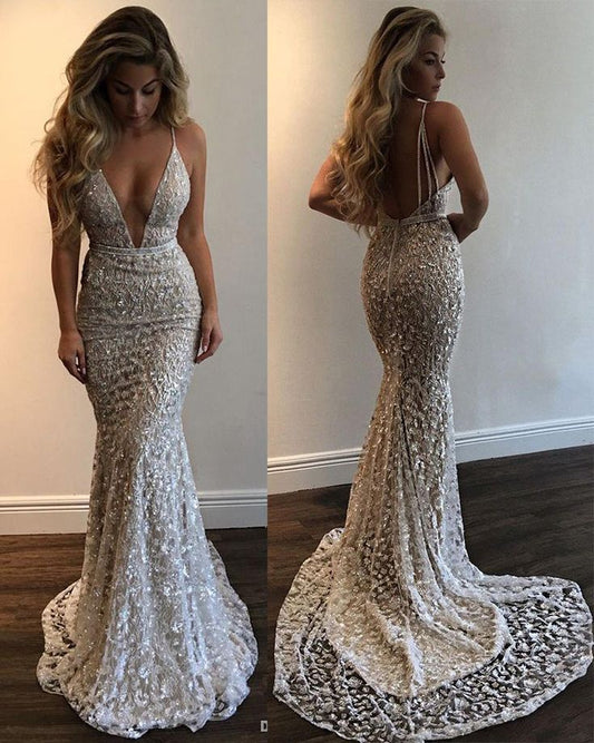Sexy Mermaid Spaghetti Straps Satin Lace Long Prom Dress, Party Dress, Evening Dress GG2505