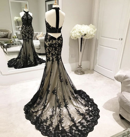 Stunning Mermaid Halter Satin Lace Long Prom Dress, Party Dress, Evening Dress GG2506