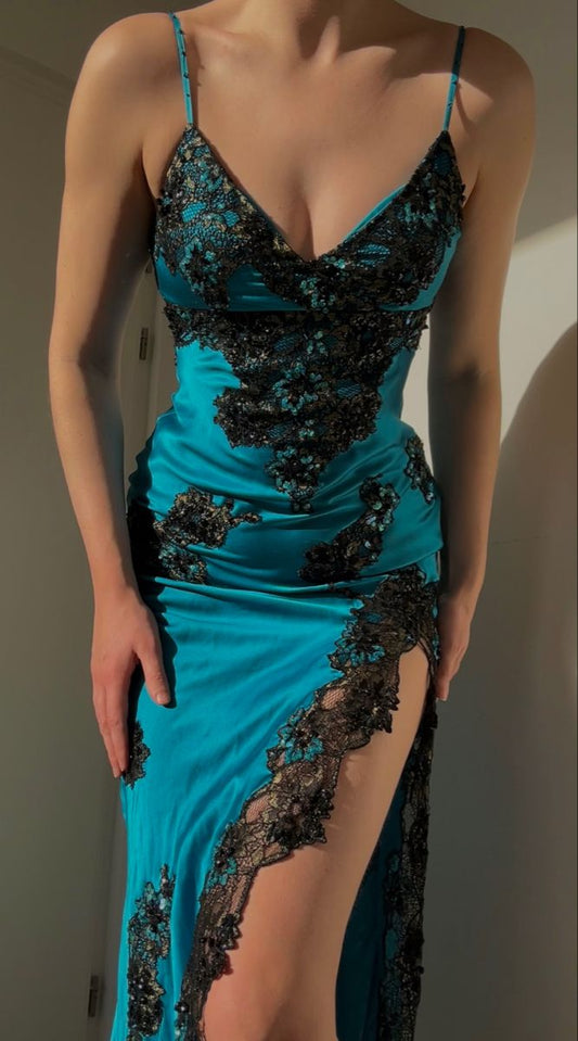 Sexy Mermaid Spaghetti Straps Satin Lace Slit Long Prom Dress, Party Dress, Evening Dress GG2507
