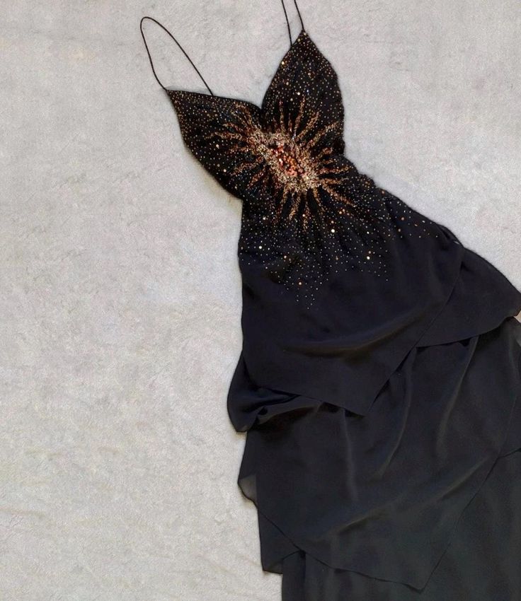 Unique A Line Spaghetti Straps Black Chiffon Beaded Long Prom Dress, Party Dress, Evening Dress GG2509