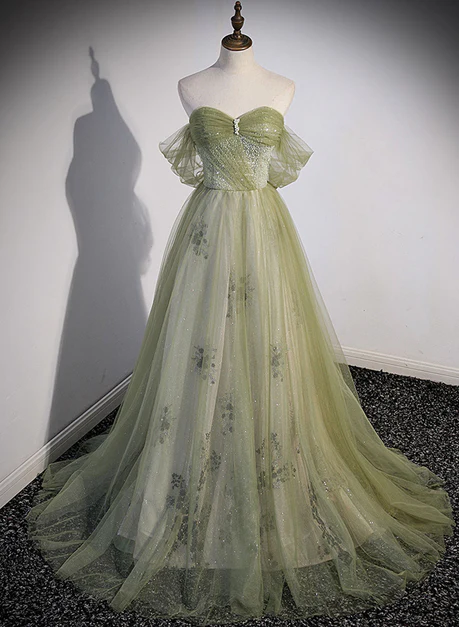 Elegant A Line Off The Shoulder Light Green Sweetheart Tulle Beaded Long Prom Dress, Evening Dress GG250