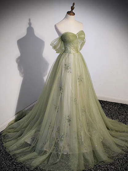 Elegant A Line Off The Shoulder Light Green Sweetheart Tulle Beaded Long Prom Dress, Evening Dress GG250