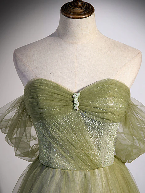 Elegant A Line Off The Shoulder Light Green Sweetheart Tulle Beaded Long Prom Dress, Evening Dress GG250