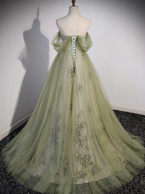 Elegant A Line Off The Shoulder Light Green Sweetheart Tulle Beaded Long Prom Dress, Evening Dress GG250