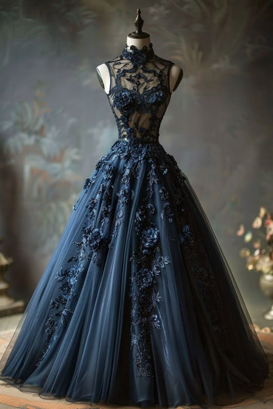 Delicate A Line Halter Navy Tulle Applique Long Prom Dress, Party Dress, Evening Dress GG2511