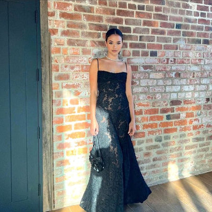 Classy A Line Spaghetti Straps Black Lace Long Prom Dress, Party Dress, Evening Dress GG2517