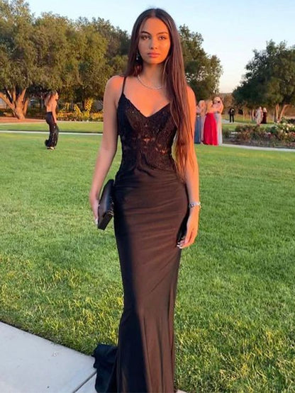 Elegant Mermaid Spaghetti Straps Black Satin Applique Long Prom Dress, Party Dress, Evening Dress GG2519