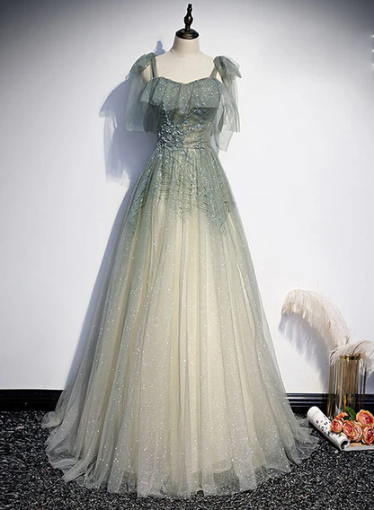 Elegant A Line Sweetheart Green Tulle Applique Beaded Long Prom Dress, Evening Dress GG251