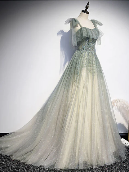 Elegant A Line Sweetheart Green Tulle Applique Beaded Long Prom Dress, Evening Dress GG251