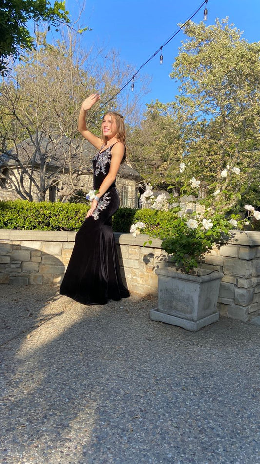 Chic Mermaid Spaghetti Straps Black Velvet Applique Long Prom Dress, Party Dress, Evening Dress GG2521