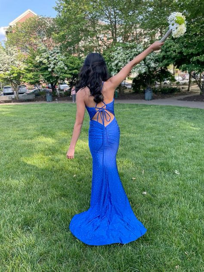 Elegant Mermaid Spaghetti Straps Royal Blue Satin Beaded Long Prom Dress, Party Dress, Evening Dress GG2522