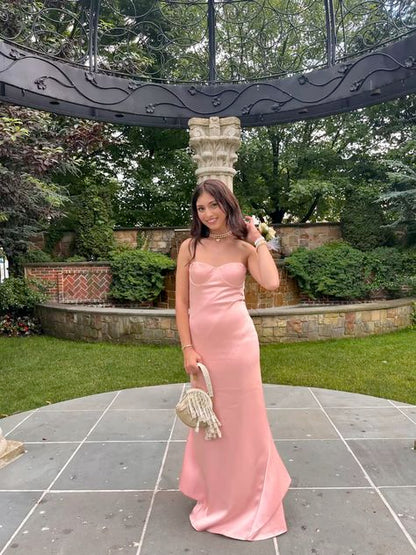 Simple Mermaid Strapless Pink Satin Long Prom Dress, Party Dress, Evening Dress GG2523