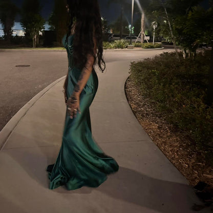 Stunning Mermaid Spaghetti Straps Dark Green Satin Beading Long Prom Dress, Party Dress, Evening Dress GG2525