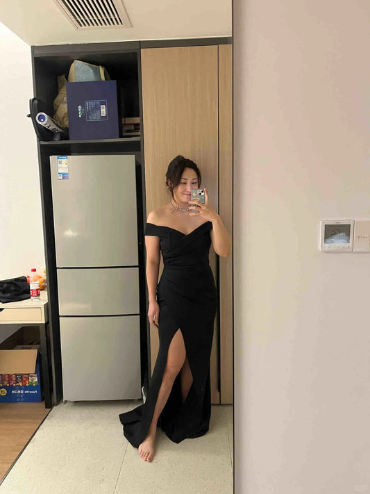 Black Mermaid Off The Shoulder Satin Slit Long Prom Dress, Party Dress, Evening Dress GG2533