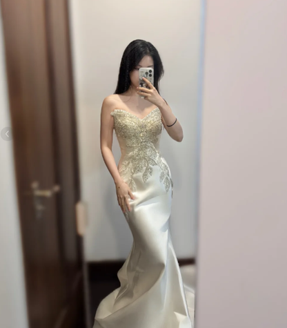 Gorgeous Mermaid Strapless Satin Beaded Long Prom Dress, Party Dress, Evening Dress GG2534