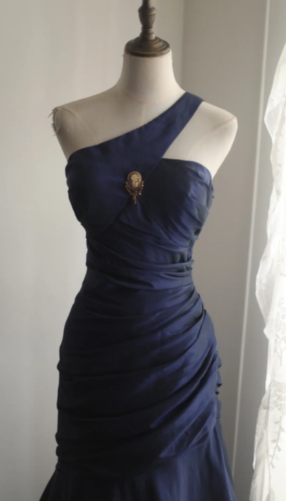 Classy Mermaid One Shoulder Navy Satin Pleated Long Prom Dress, Party Dress, Evening Dress GG2536