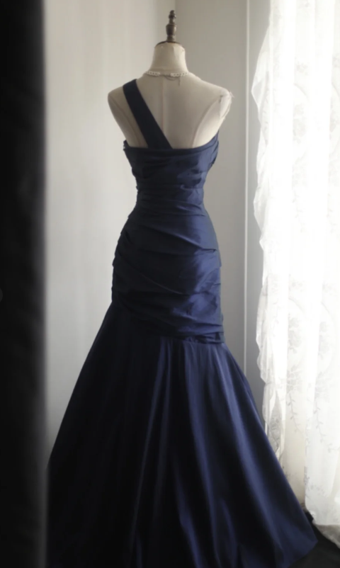 Classy Mermaid One Shoulder Navy Satin Pleated Long Prom Dress, Party Dress, Evening Dress GG2536
