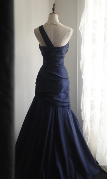 Classy Mermaid One Shoulder Navy Satin Pleated Long Prom Dress, Party Dress, Evening Dress GG2536