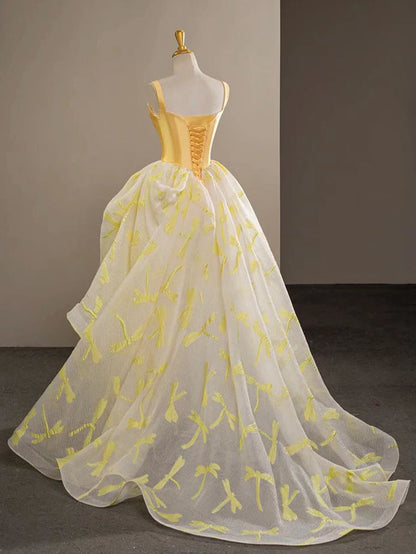 Elegant A-Line Sweetheart Neck Satin Tulle Lace Yellow Applique Long Prom Dress,Evening Dresses GG254