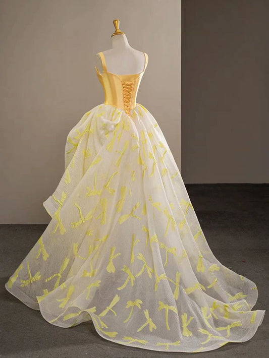 Elegant A-Line Sweetheart Neck Satin Tulle Lace Yellow Applique Long Prom Dress,Evening Dresses GG254