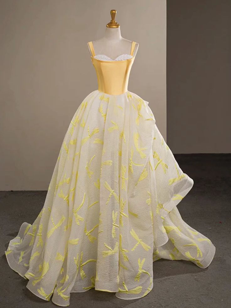 Elegant A-Line Sweetheart Neck Satin Tulle Lace Yellow Applique Long Prom Dress,Evening Dresses GG254