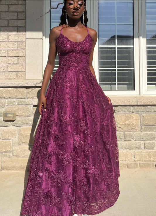 Chic A Line Halter Satin Lace Long Prom Dress, Party Dress, Evening Dress GG2541