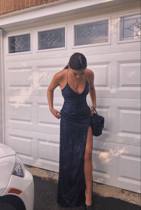 Sexy Mermaid Halter Navy Sequin Slit Long Prom Dress, Party Dress, Evening Dress GG2543