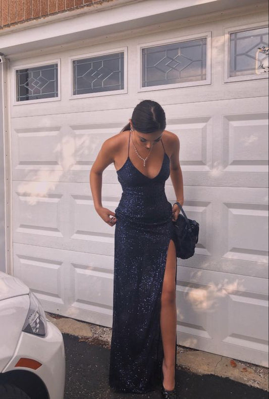 Sexy Mermaid Halter Navy Sequin Slit Long Prom Dress, Party Dress, Evening Dress GG2543