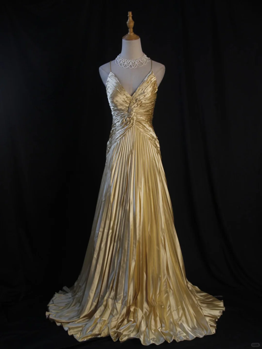 Vintage A Line Spaghetti Straps Golden Satin Beaded Pleated Long Prom Dress, Party Dress, Evening Dress GG2545