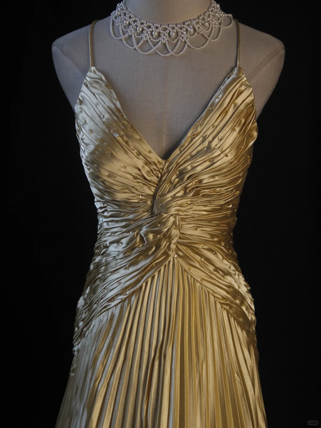 Vintage A Line Spaghetti Straps Golden Satin Beaded Pleated Long Prom Dress, Party Dress, Evening Dress GG2545