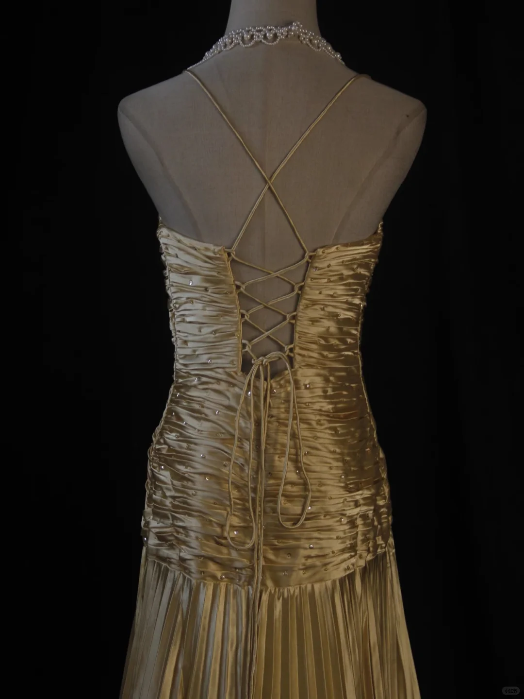 Vintage A Line Spaghetti Straps Golden Satin Beaded Pleated Long Prom Dress, Party Dress, Evening Dress GG2545