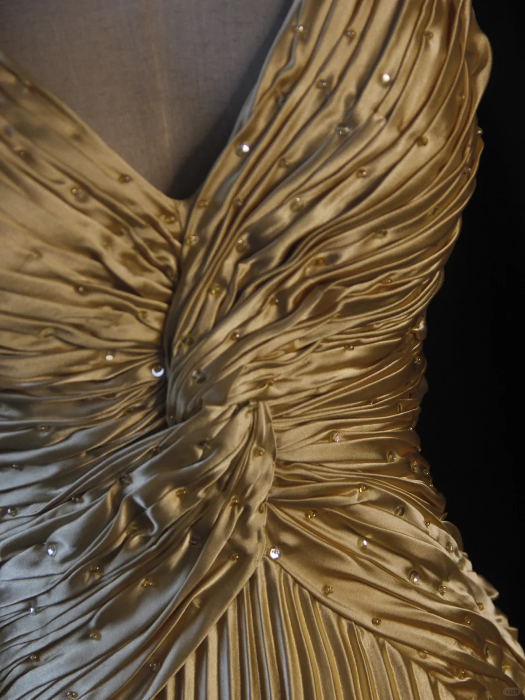 Vintage A Line Spaghetti Straps Golden Satin Beaded Pleated Long Prom Dress, Party Dress, Evening Dress GG2545