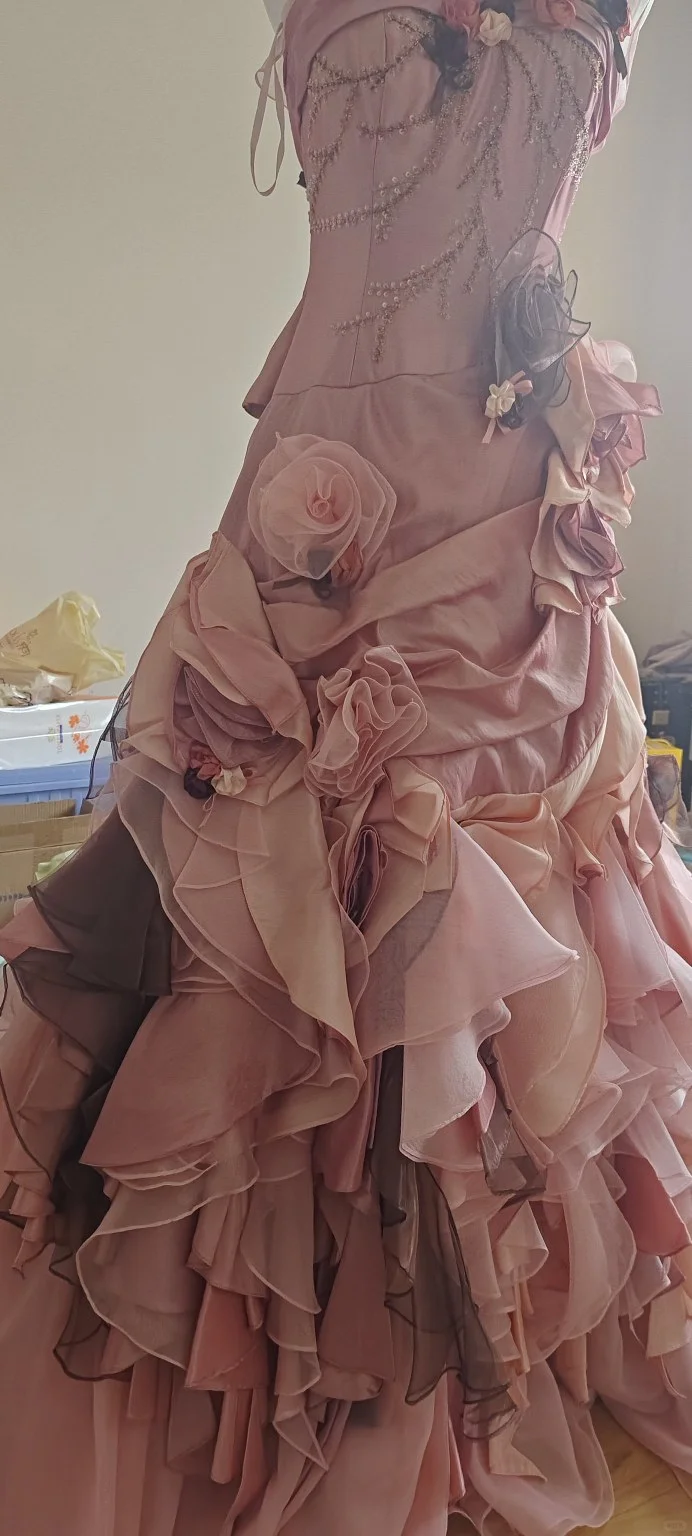 Vintage A Line Spaghetti Straps Satin Chiffon Sequin Flowers Long Prom Dress, Party Dress, Evening Dress GG2546