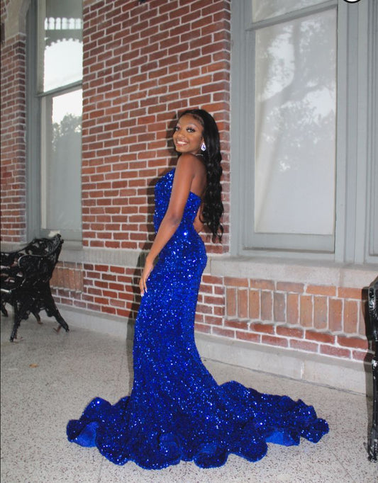 Glitter Mermaid Strapless Royal Blue Satin Sequin Long Prom Dress, Party Dress, Evening Dress GG2548