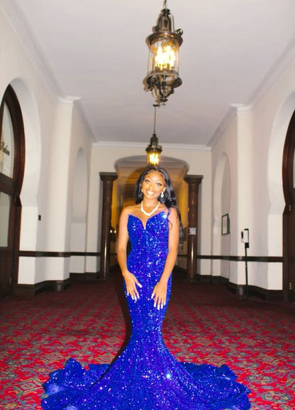 Glitter Mermaid Strapless Royal Blue Satin Sequin Long Prom Dress, Party Dress, Evening Dress GG2548