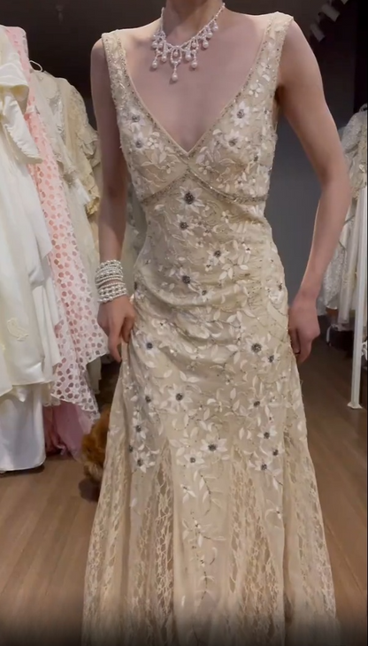 Gorgeous Mermaid V Neck Lace Applique Beaded Long Prom Dress, Party Dress, Evening Dress GG2549